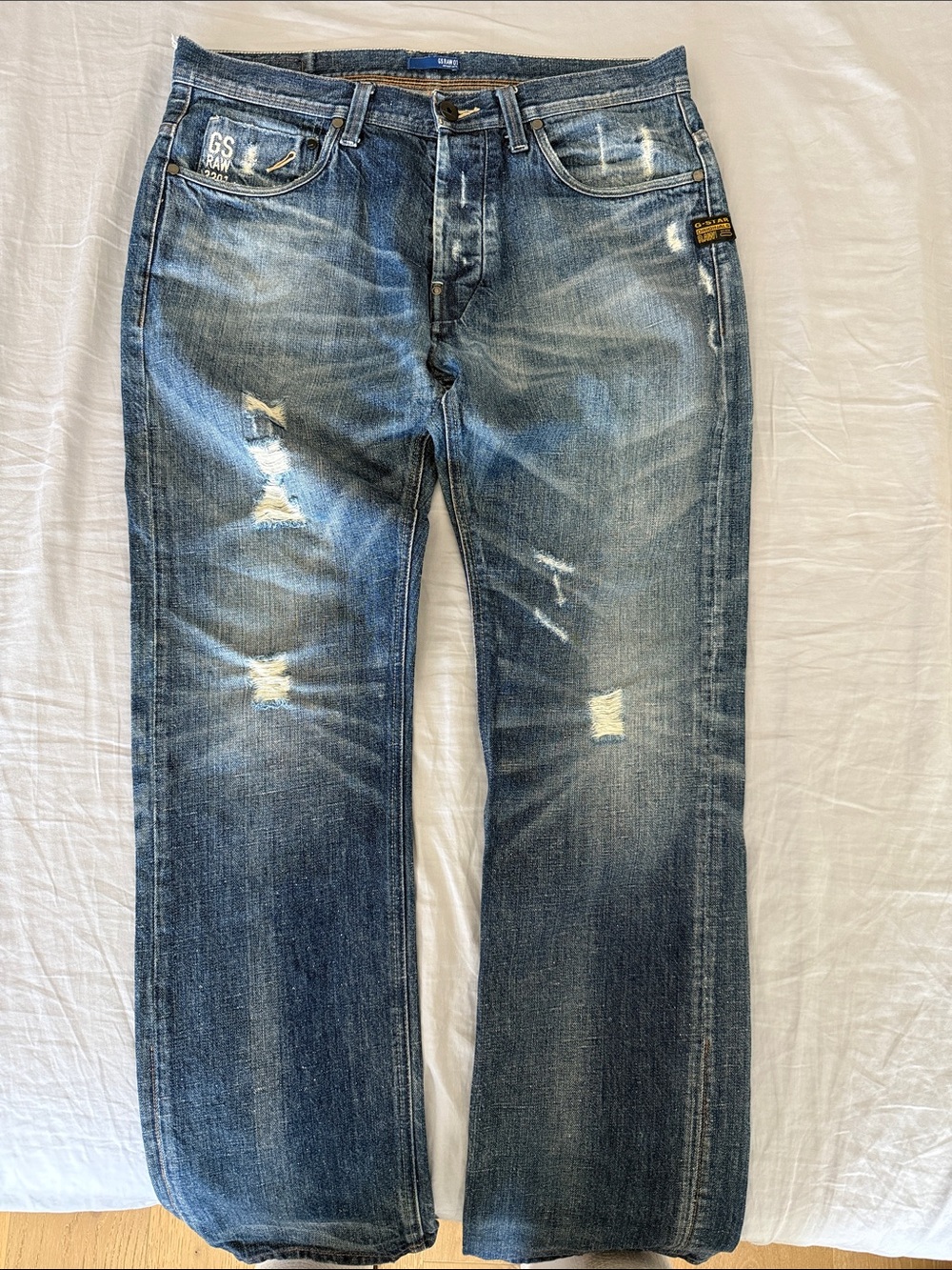 G-Star Raw Men's Distressed Blue Bootcut Jeans